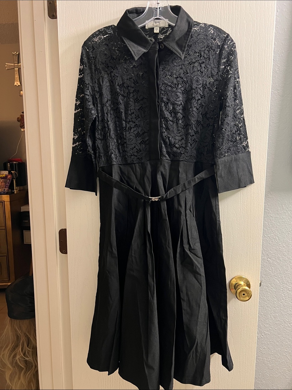 Black Lace Bodice Midi Dress with Waist Belt
